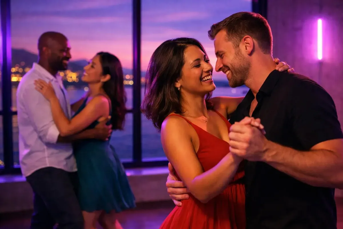 Two couples dancing together